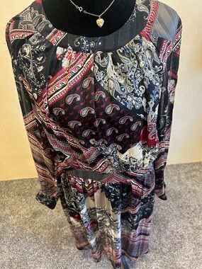 Paisley Patchwork Long Sleeve Dress in Red, Black & Cream NWT